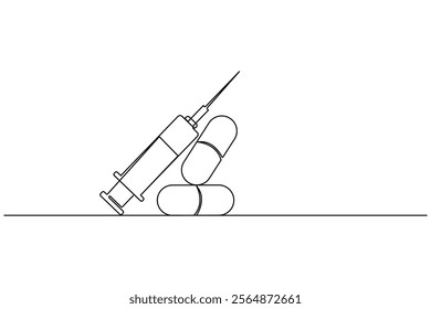 Vaccine and syringe one line drawing and medical icon continuous isolated outline flat vector icon