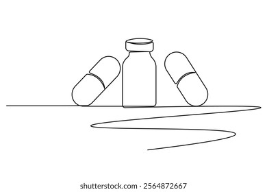 Vaccine and syringe one line drawing and medical icon continuous isolated outline flat vector icon