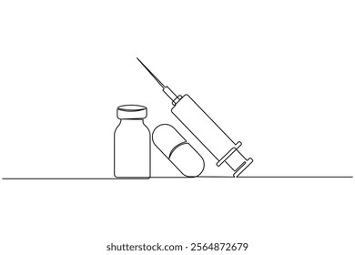 Vaccine and syringe one line drawing and medical icon continuous isolated outline flat vector icon