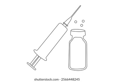 Vaccine and syringe one line drawing of minimalist vector icon with black and white background