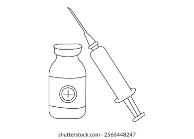 Vaccine and syringe one line drawing of minimalist vector icon with black and white background