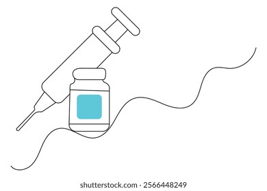 Vaccine and syringe one line drawing of minimalist vector icon with black and white background