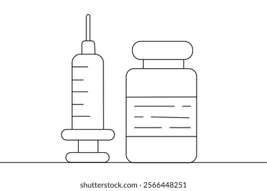 Vaccine and syringe one line drawing of minimalist vector icon with black and white background