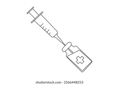 Vaccine and syringe one line drawing of minimalist vector icon with black and white background