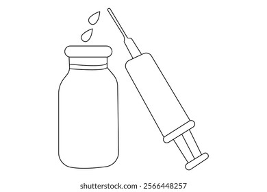 Vaccine and syringe one line drawing of minimalist vector icon with black and white background