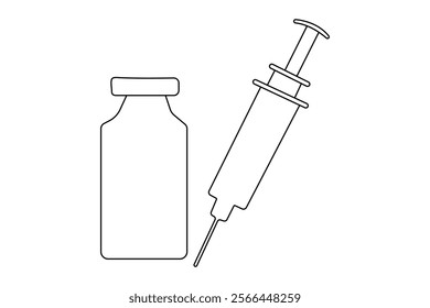 Vaccine and syringe one line drawing of minimalist vector icon with black and white background