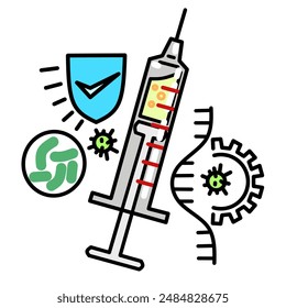 A vaccine syringe for protection or immunity. There are RNA virus and bacteria icons symbolizing gene engineering in bacteria for vaccination related to biotechnology and medical technology