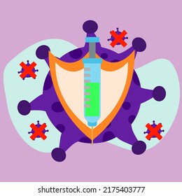 Vaccine syringe with shield to protect against COVID-19 virus or Coronavirus. flat vector corona virus infection concept design illustration