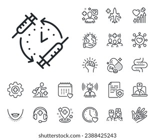 Vaccine syringe sign. Online doctor, patient and medicine outline icons. Vaccination schedule line icon. Second injection time symbol. Vaccination schedule line sign. Vector