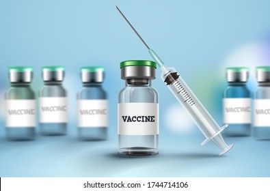 Vaccine and syringe vector background. Vaccine bottle and syringe injection for covid-19 coronavirus vaccination and immunization medication and treatment. Vector illustration.
