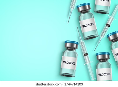 Vaccine and syringe vector background template. Vaccine bottles and syringe injection medicine with empty blank space for text for covid-19 coronavirus and other virus immunization and vaccination