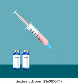 Vaccine and syringe vector background template. Vaccine bottles and syringe injection medicine