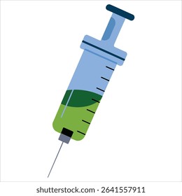 Vaccine syringe vector, filled with solution. Medical icon for clinics, vaccination campaigns, and science visuals.
