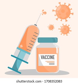 Vaccine and syringe. Vector medical syringe with vaccine, concept of vaccination, injection, diabetes. bottle and virus in flat design. Isolated vector illustration.