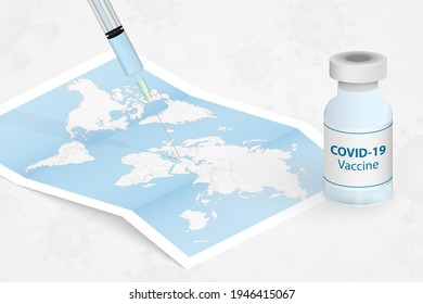 Vaccine and syringe in the world map. Coronavirus vaccine. Vector template.