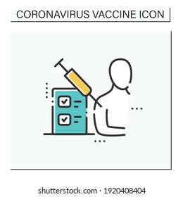 Vaccine test color icon. Clinical trial. Vaccine testing volunteer. Cure search, vaccine development. Stop coronavirus pandemic. Fight against Covid19 disease. Isolated vector illustration