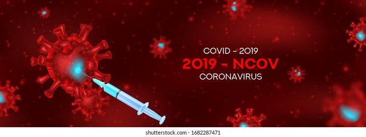Vaccine Testing vs Coronavirus banner concept. Vector illustration with 3d microscopic viral cells Covid 19-NCP. 3d realistic Coronavirus 2019-nCoV and syringe with vaccine .