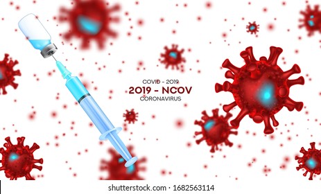 Vaccine Testing vs Coronavirus banner concept. Vector illustration with 3d microscopic viral cells Covid 19-NCP. 3d realistic Coronavirus 2019-nCoV, syringe and ampoule with vaccine.