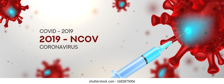 Vaccine Testing vs Coronavirus banner concept. Vector illustration with 3d microscopic viral cells Covid 19-NCP. 3d realistic Coronavirus 2019-nCoV and syringe with vaccine .