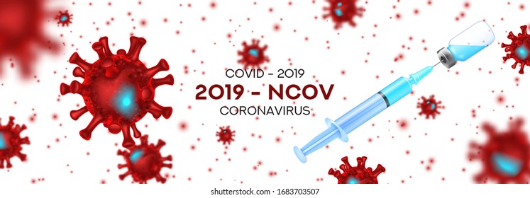 Vaccine Testing vs Coronavirus banner concept. Vector illustration with 3d microscopic viral cells Covid 19-NCP. 3d realistic Coronavirus 2019-nCoV, syringe and ampoule with vaccine.