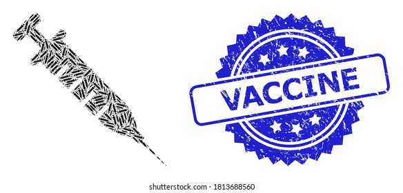Vaccine textured stamp seal and vector fractal collage vaccine. Blue stamp seal contains Vaccine caption inside rosette. Vector collage is designed with recursive rotated vaccine icons.