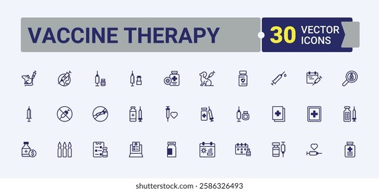 Vaccine Therapy minimal icon set. Related to treatment, disease, hospital, clinic, corona, certificate, stage and more. Minimal icons. Editable vector illustration.