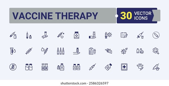 Vaccine Therapy minimal icon set. Related to treatment, disease, hospital, clinic, corona, certificate, stage and more. Minimal icons. Editable vector illustration.