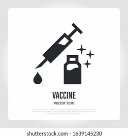Vaccine thin line icon. Syringe and ampoule. Medical treatment, antibiotic, pet vaccination. Vector illustration.