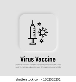 Vaccine thin line icon. Syringe and virus. Medical treatment. Vector illustration.