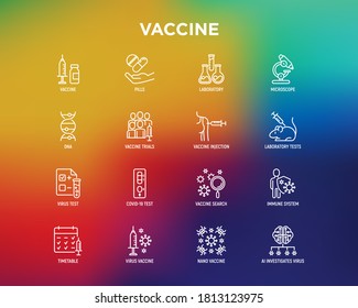 Vaccine thin line icons set: syringe and ampoule, laboratory test, immune system, injection in forearm, covid-19 test, vaccine trials, timetable, ai investigates virus. Vector illustration.