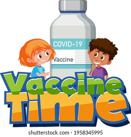 Vaccine Time font with children and vaccine bottle illustration