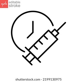 Vaccine time schedule, clock line icon. Vaccination Medical Syringe calendar symbol. Medication injection Covid-19, coronavirus pandemic, immunization Editable stroke vector illustration design EPS 10