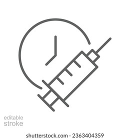 Vaccine time schedule, clock line icon. Vaccination Medical Syringe calendar symbol. Medication injection Covid-19, coronavirus pandemic, immunization Editable stroke vector illustration design EPS 10