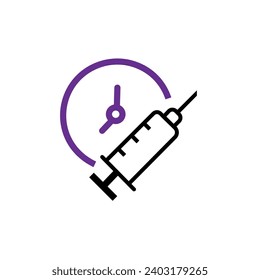 Vaccine time schedule, clock line icon. Vaccination Medical Syringe calendar symbol. Medication injection Covid-19, coronavirus pandemic, immunization Editable stroke vector illustration