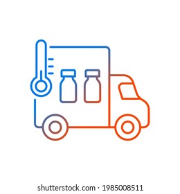 Vaccine transportation gradient linear vector icon. Drug distribution. Pharmaceutical remedy shipment van. Health care. Thin line color symbols. Modern style pictogram. Vector isolated outline drawing