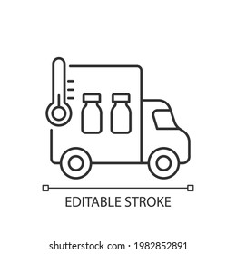 Vaccine transportation linear icon. Drug distribution. Pharmaceutical remedy shipment van. Thin line customizable illustration. Contour symbol. Vector isolated outline drawing. Editable stroke