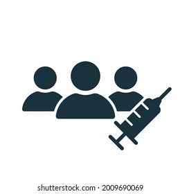 Impfversuche sind dünne Ikone. Gruppe von Menschen und Spritze. Testen der medizinischen Impfung. Zeit, das Konzept zu impfen. Spritze einfache Silhouette Symbol. Vektorgrafik.