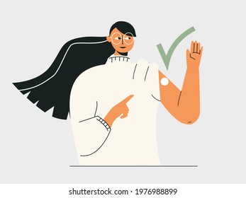 Vaccine and vaccination concept. Asian woman after vaccine shot with green check. Youth health care, immunization campaign, flue coronavirus prevention. Flat vector cartoon isolated illustration 