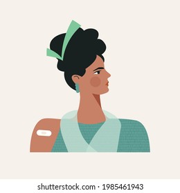 Vaccine and vaccination concept. Indian woman after vaccine shot with green check. Youth health care, immunization campaign, flue coronavirus prevention. Flat vector cartoon isolated illustration 