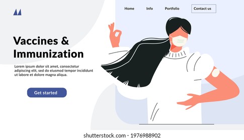 Vaccine and vaccination concept for web template. Asian woman after vaccine shot. Youth health care, immunization campaign, flue coronavirus prevention. Flat vector illustration, pharmacy layout 