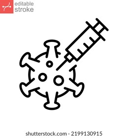 Vaccine and Vaccination line icon. pandemic vaccine ampoule and syringe. Bottle with a solution for injection. Editable stroke Vector illustration design on white background. EPS 10