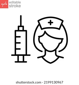 Vaccine And Vaccination Nurse, Vaccine Line Icon For Coronavirus, Influenza, Measles, Diphtheria, Rabies. Injection, Shot, Medical Editable Stroke Vector Illustration Design On White Background EPS10