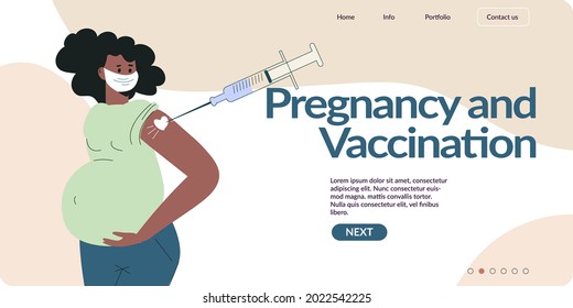 Vaccine and vaccination pregnant black woman concept for web template. Injection in shoulder and big syringe. Pregnant getting vaccine shot. Woman in  mask with bandage. Flat vector illustration  