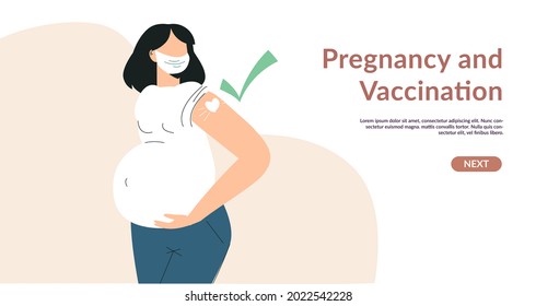 Vaccine and vaccination pregnant woman concept for web template. Injection in shoulder and green check. Pregnant getting vaccine shot. Woman in face mask showing arm with bandage. Vector illustration 
