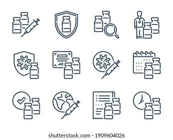 Vaccine and Vaccination related vector line icons. Vaccine dose and Anti virus injection outline icon set.