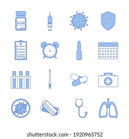 Vaccine and vaccination set of simple linear icons. Vaccination against coronavirus. Contains icons such as syringe, vaccine, virus element, protection, masks, lungs and others. Vector illustration