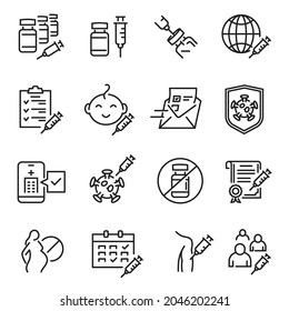 Vaccine and vaccination simple icon set vector illustration. Collection of monochrome linear logo coronavirus medical protection pandemic outbreak prevention isolated. Healthcare antiviral injection