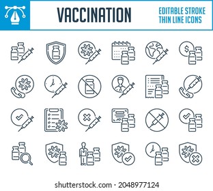 Vaccine And Vaccination Thin Line Icons. Syringe, Injection And Antiviral Therapy Outline Icon Set. Editable Stroke Icons.