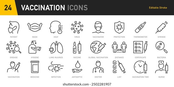 Vaccine and Vaccination web icons in line style. Medicine, vaccine dose, anti virus, doctor, virus, testing, lab, infographic collection. Vector illustration.	