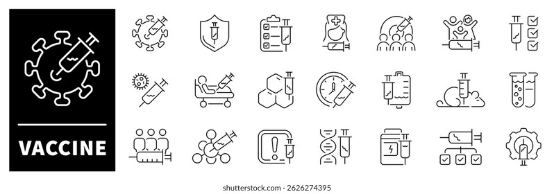 Vaccine vector icons. Thin line vector icons related to vaccination and medicine. Medical Syringe, Quality Certificate, healthcare, medication
